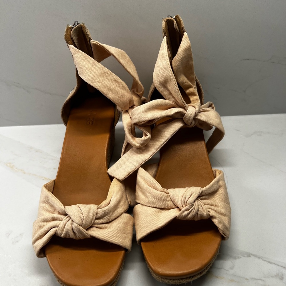 Ugg-Womens Beige Tie-Wrap Wedge Sandals